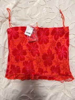 Free People Red and Pink Floral Smocked Tube Top